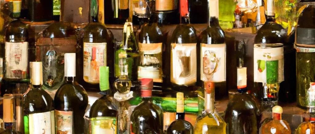 Various bottles of agricultural rum on wooden barrels in a distillery