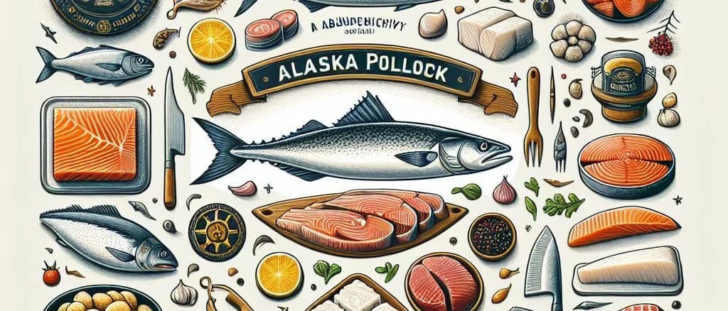 Various packaging styles of Alaska Pollock fillets on icy background