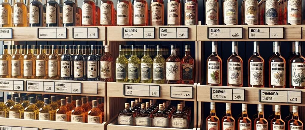 Various alcohol vinegar bottles with different packaging on a wooden background