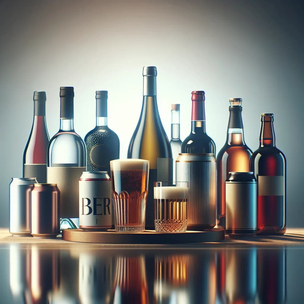 Various alcoholic beverages in sleek packaging, arranged on a minimalist background