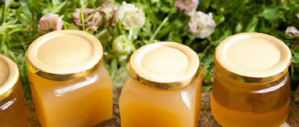 various alfalfa honey jars on wooden table with natural background