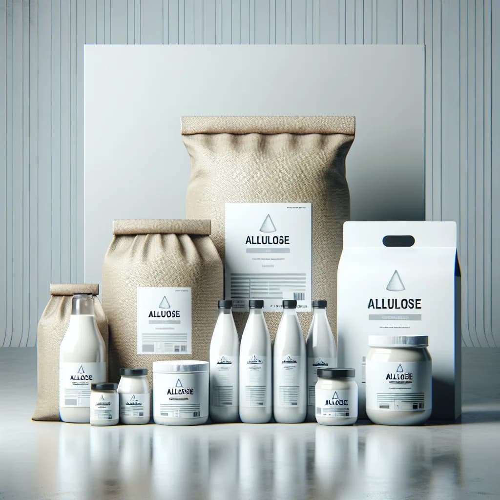 various allulose product packaging options on a clean background, showing powdered and liquid allulose in bulk and private label