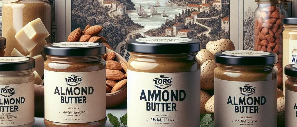 varieties of almond butter jars on a rustic wooden table with different packaging designs