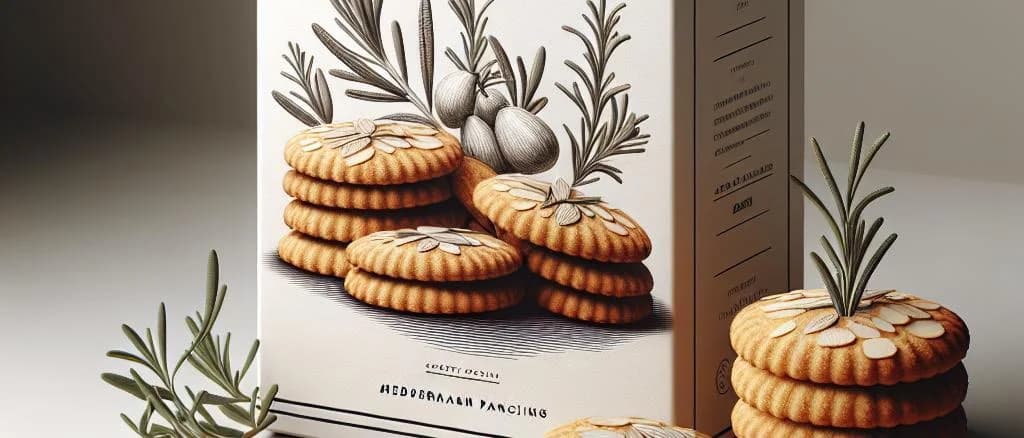 assorted almond cookies with various packaging on wooden background