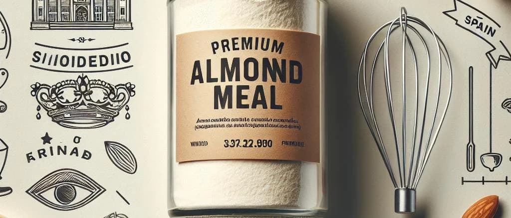 Assorted almond meal packaging variations on a wooden table with natural background