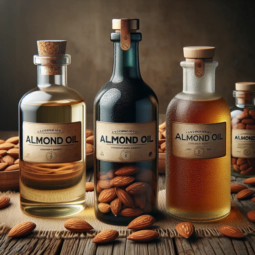almond oil bottles with natural packaging on wooden table