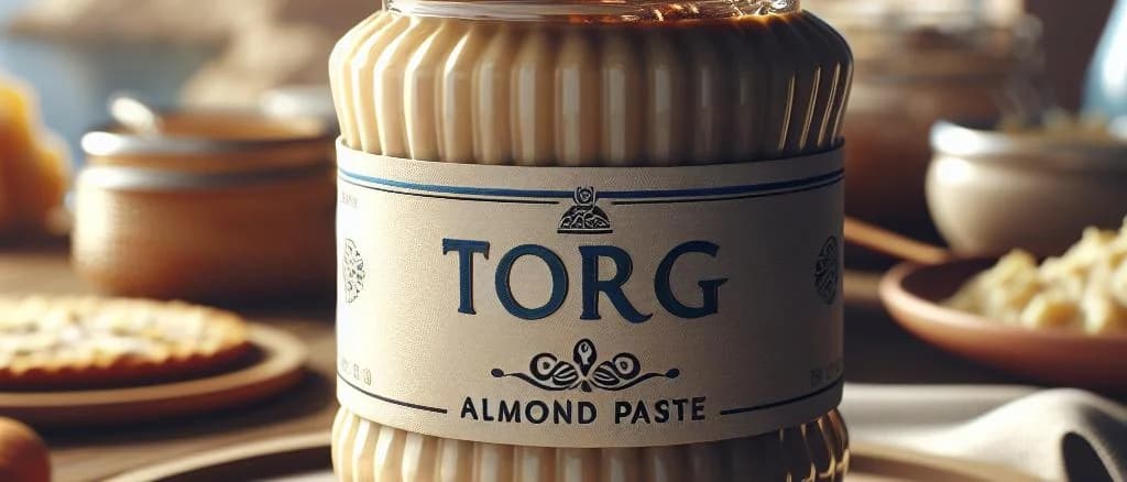 Assorted almond paste products on a wooden background featuring diverse packaging options