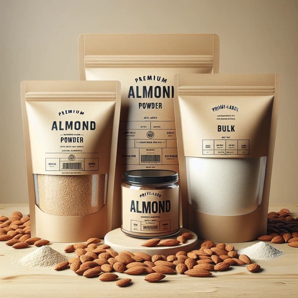 almond powder in premium packaging with clean, minimalist design on a wooden kitchen countertop, showcasing multiple variations