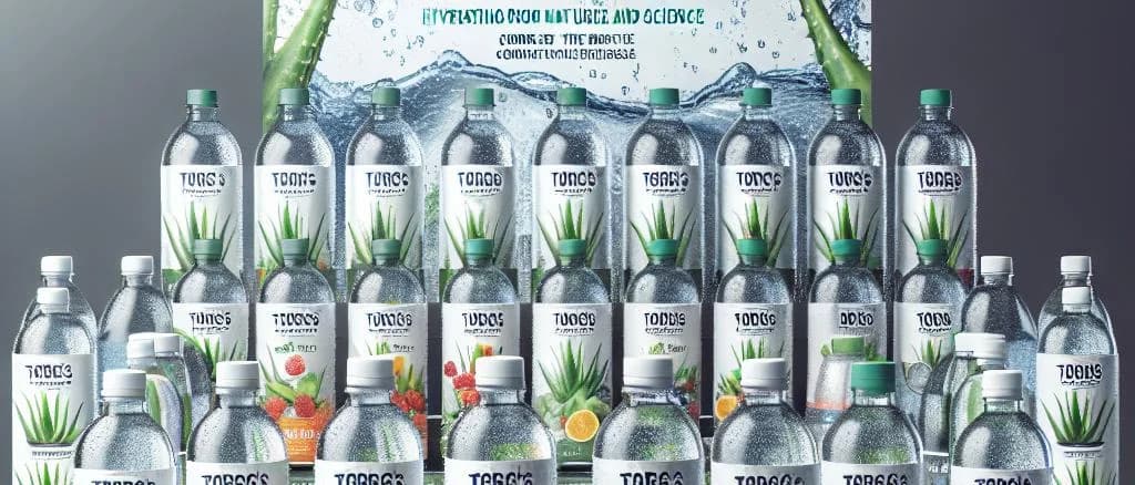 Refreshing aloe vera water bottles with different packaging on a wooden table