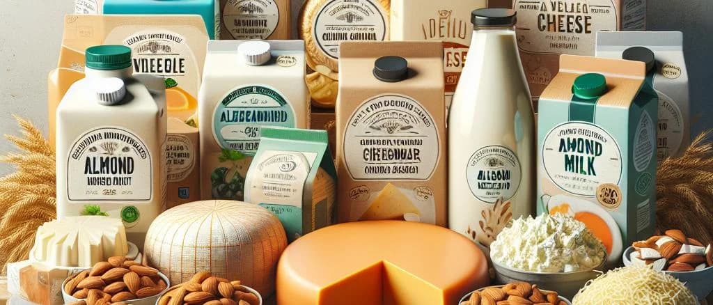 varied alternative dairy products on a shelf with different packaging