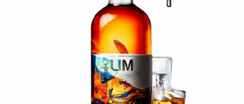 amber rum bottles on a rustic wooden background