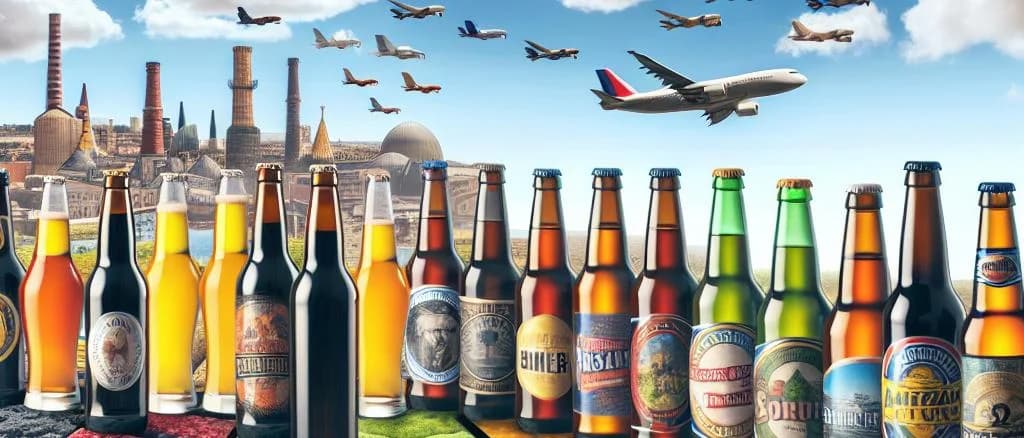 assorted American beer bottles and cans with varied packaging on a wooden background