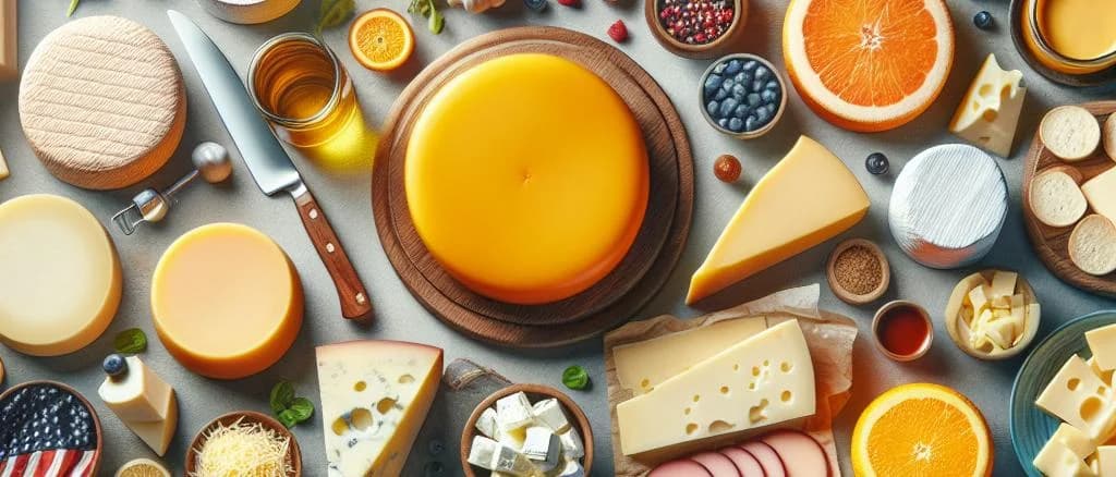three variations of American cheese blocks with simple packaging on a wooden board background