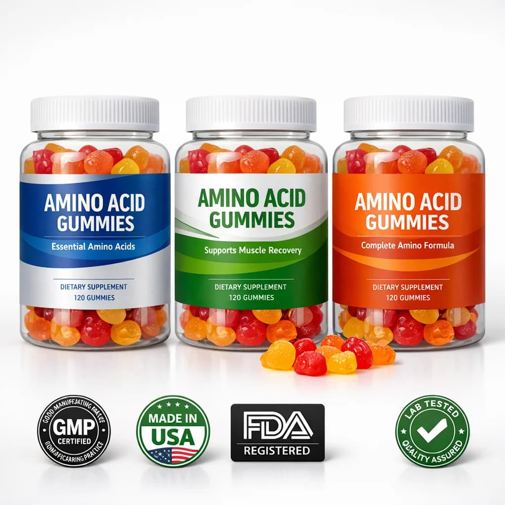 Amino Acid Gummies in colorful packaging with variations for private label and bulk B2B sourcing