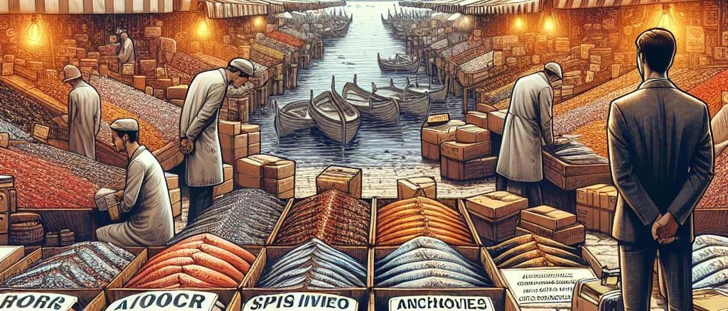 Various packaged anchovy products displayed against a coastal-themed background