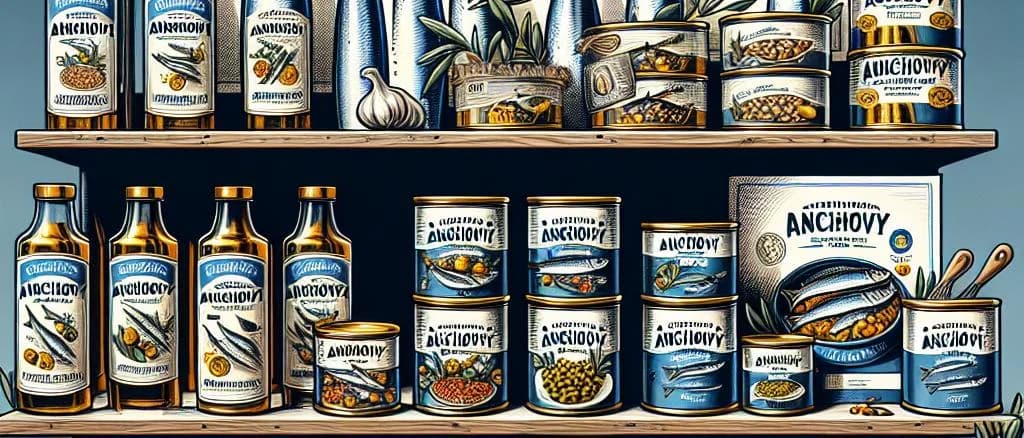 Anchovy packaging variations with ocean-inspired background