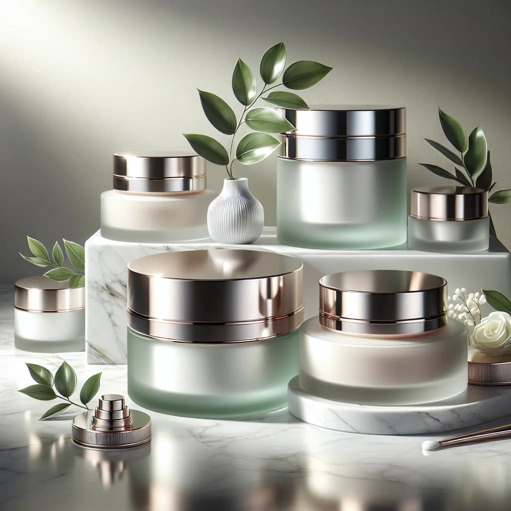 elegant anti-aging cream jars with premium packaging on a marble countertop