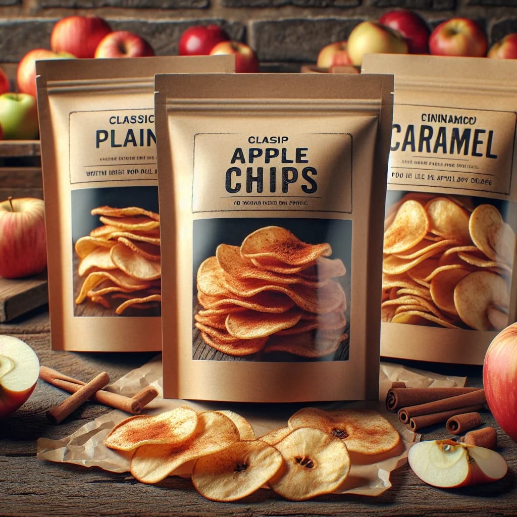 crispy apple chips in eco-friendly packaging with bulk and private label options displayed on a wooden background