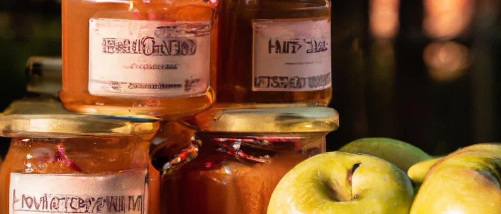 Various apple chutney jars with diverse packaging on a rustic wooden table
