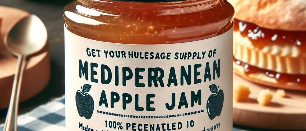 Variety of apple jams in jars with different labels on a wooden table