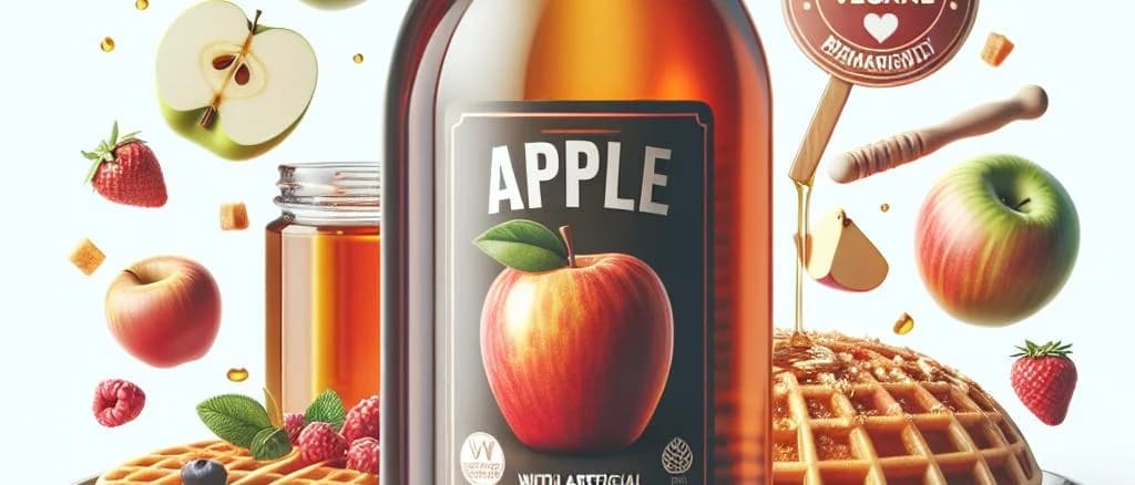 variety of apple syrup bottles on a rustic wooden table