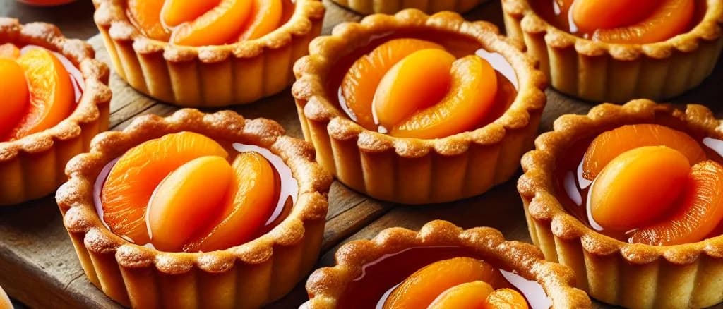 Apricot tartlets with assorted packaging on a wooden background
