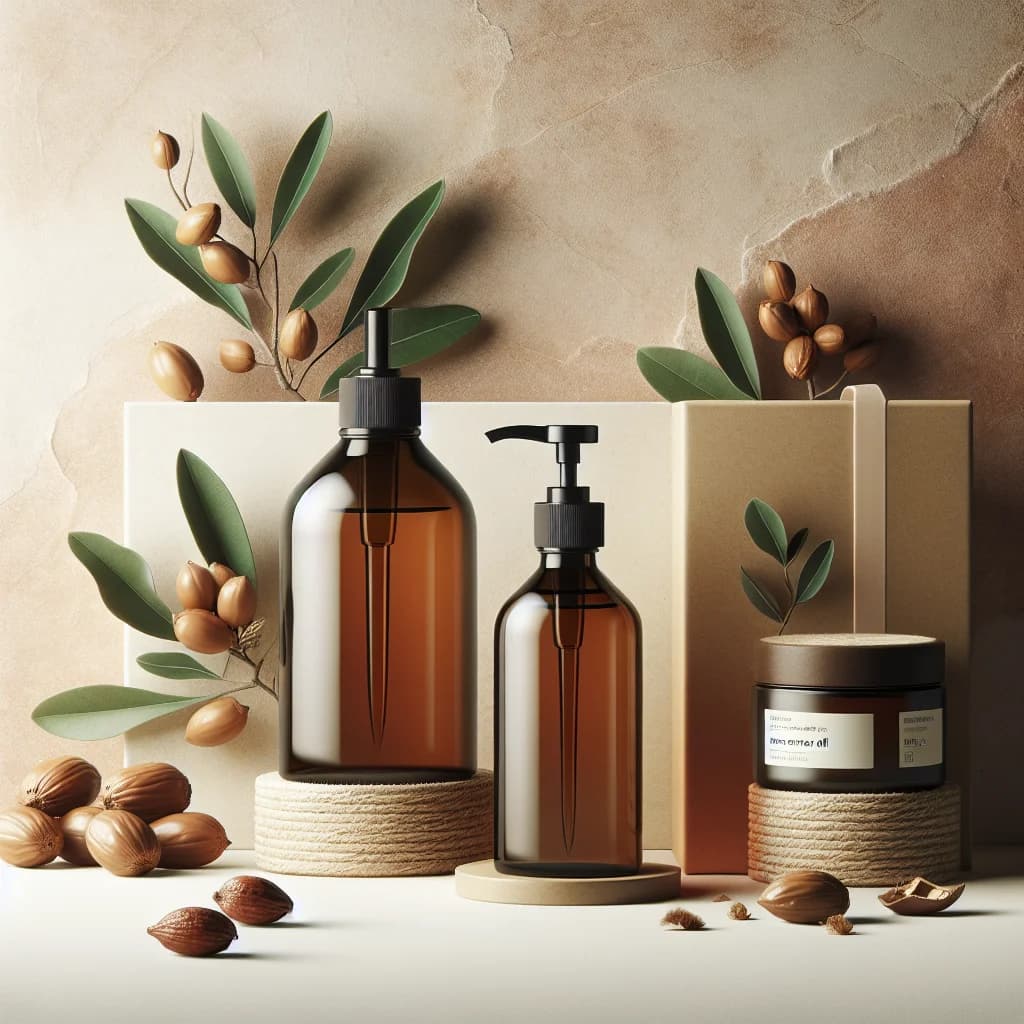 Premium Argan Oil in sleek packaging variations with natural background