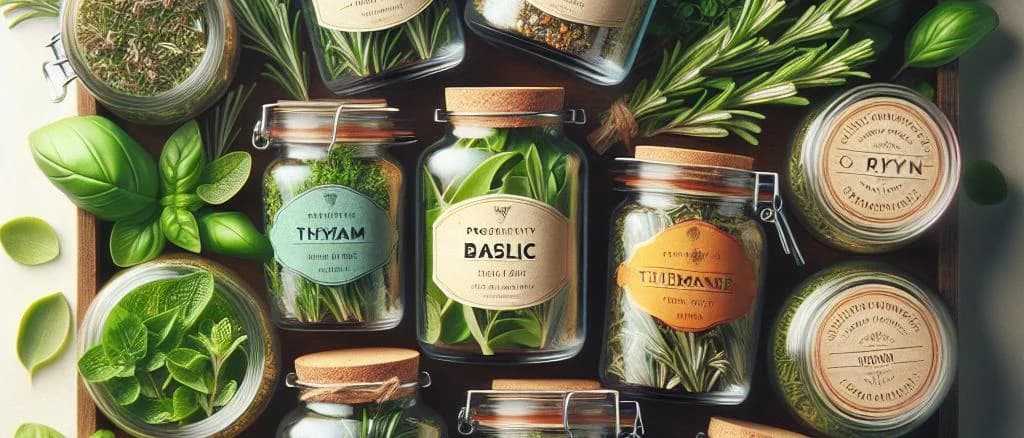 Various aromatic herbs in glass containers with customized labels displayed on a wooden table