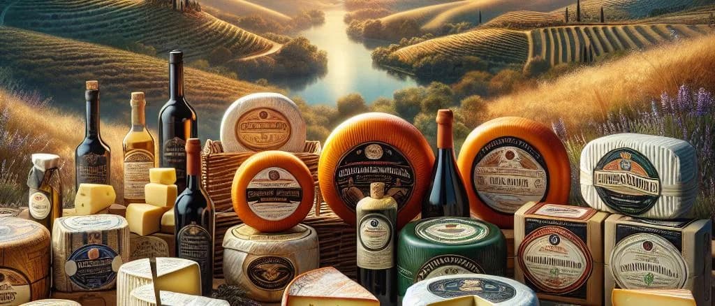 Assorted artisan cheeses on a rustic wooden board with varied textures and colors
