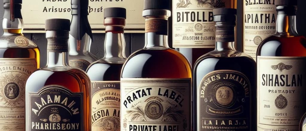 Variety of artisanal spirits bottles on wooden table