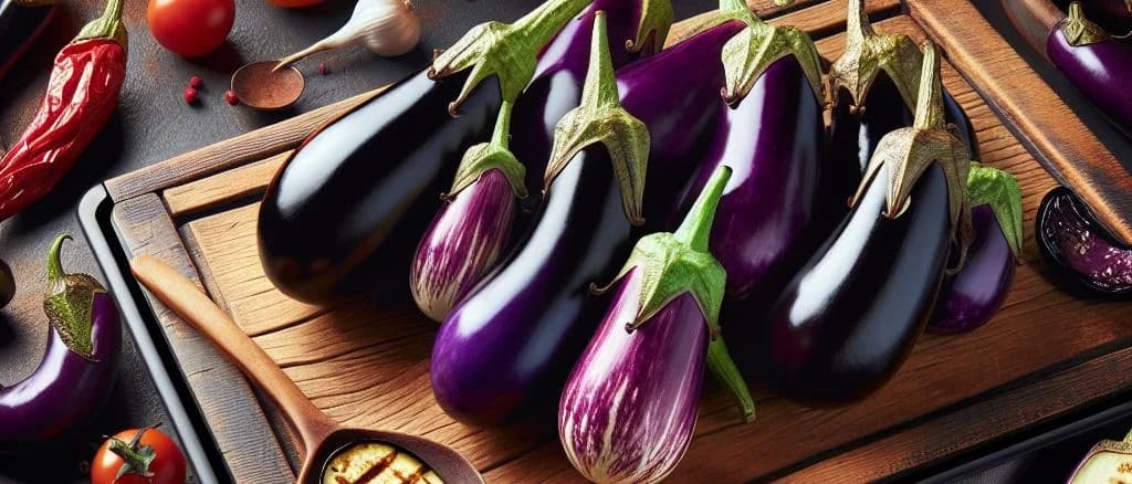 Various types of aubergines with natural backgrounds