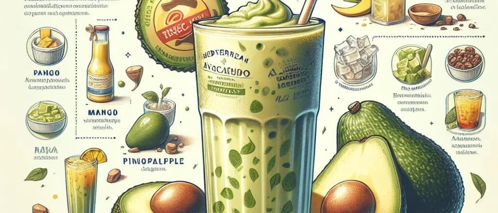 Assorted avocado drinks in different packaging on a vibrant background