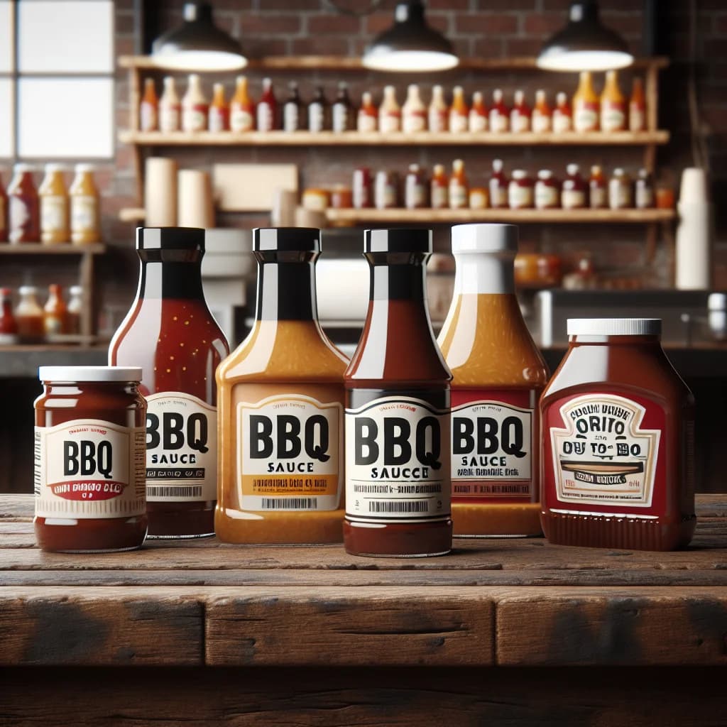 variety of BBQ sauce bottles in different packaging styles on a wooden countertop