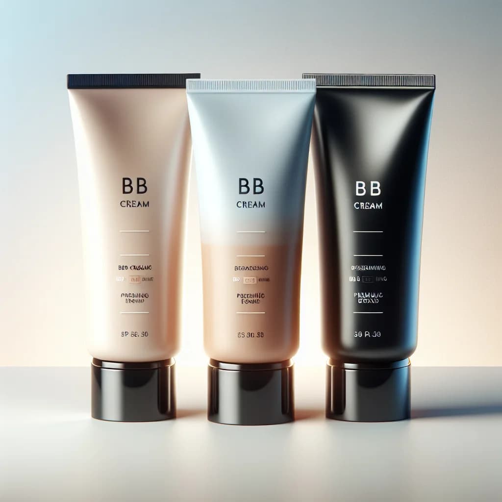 Elegant packaging of BB Cream tubes in matte and glossy finishes, displayed in multiple variations against a soft gradient background.