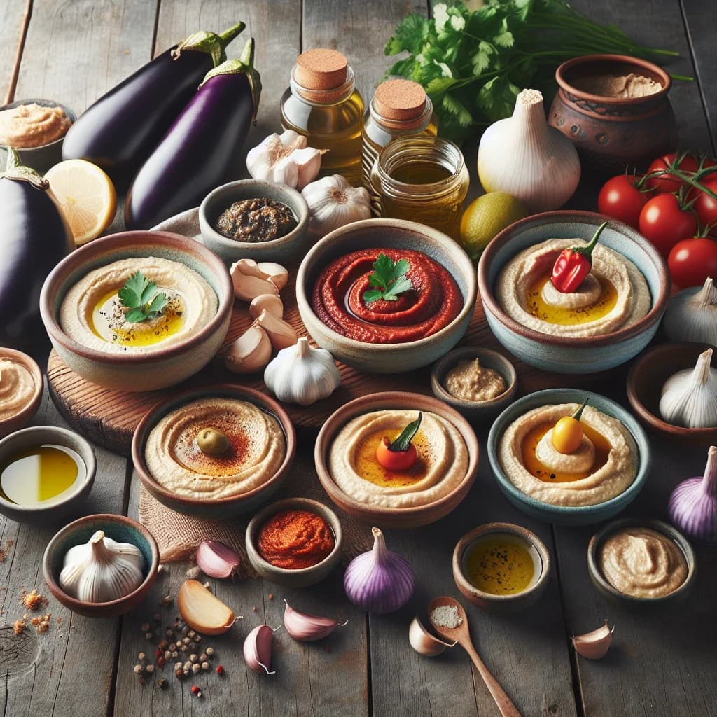assortment of Baba Ganoush variations in jars and bowls on rustic wooden table, showcasing smooth textures and rich colors