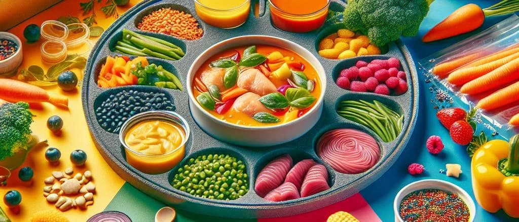 Various packaging options of baby meal jars and pouches on wooden surface