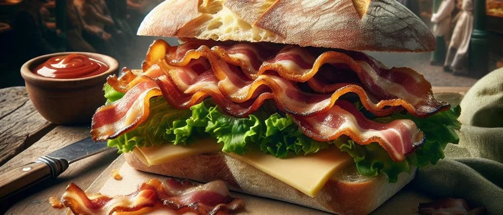 assorted bacon sandwiches with various bread types and toppings