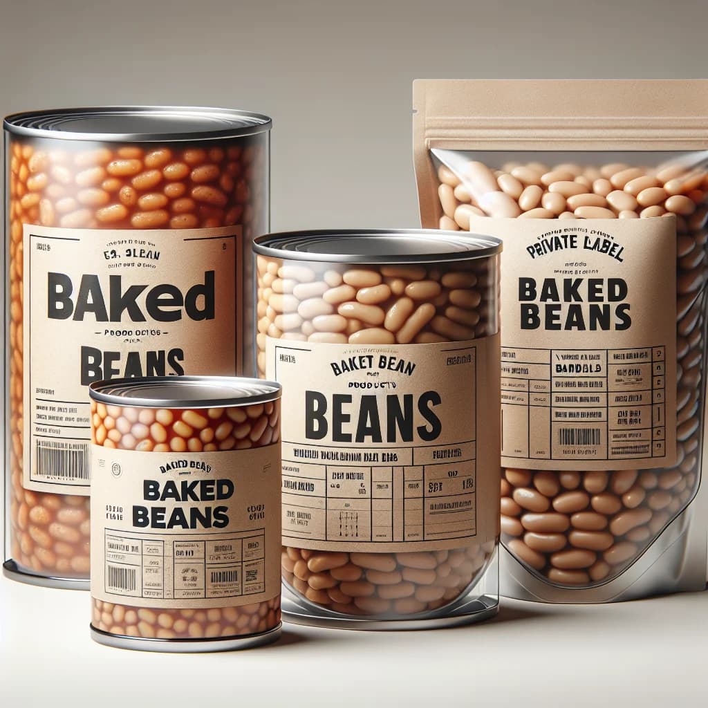 assorted baked beans in different packaging options on a neutral background