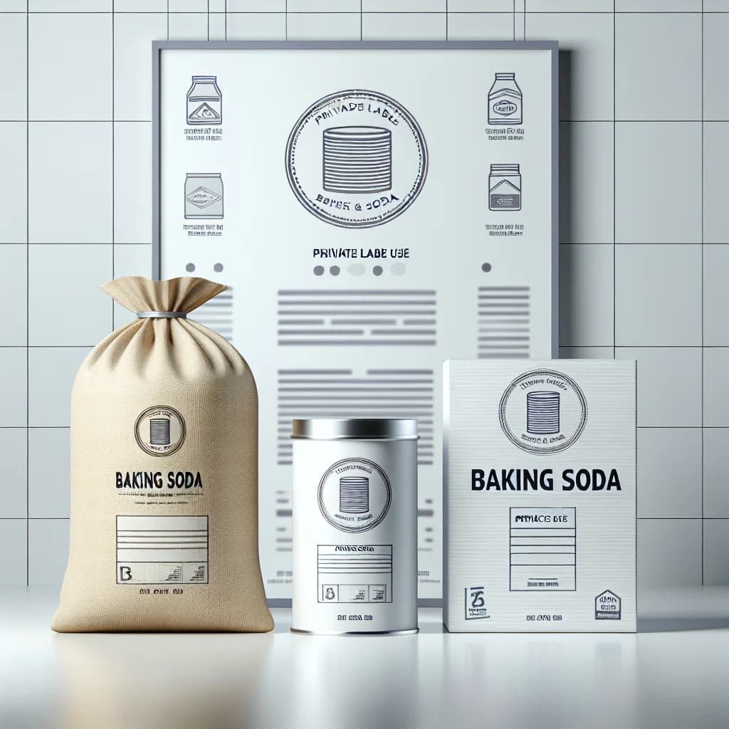 varieties of baking soda in bulk packaging on a clean, modern background