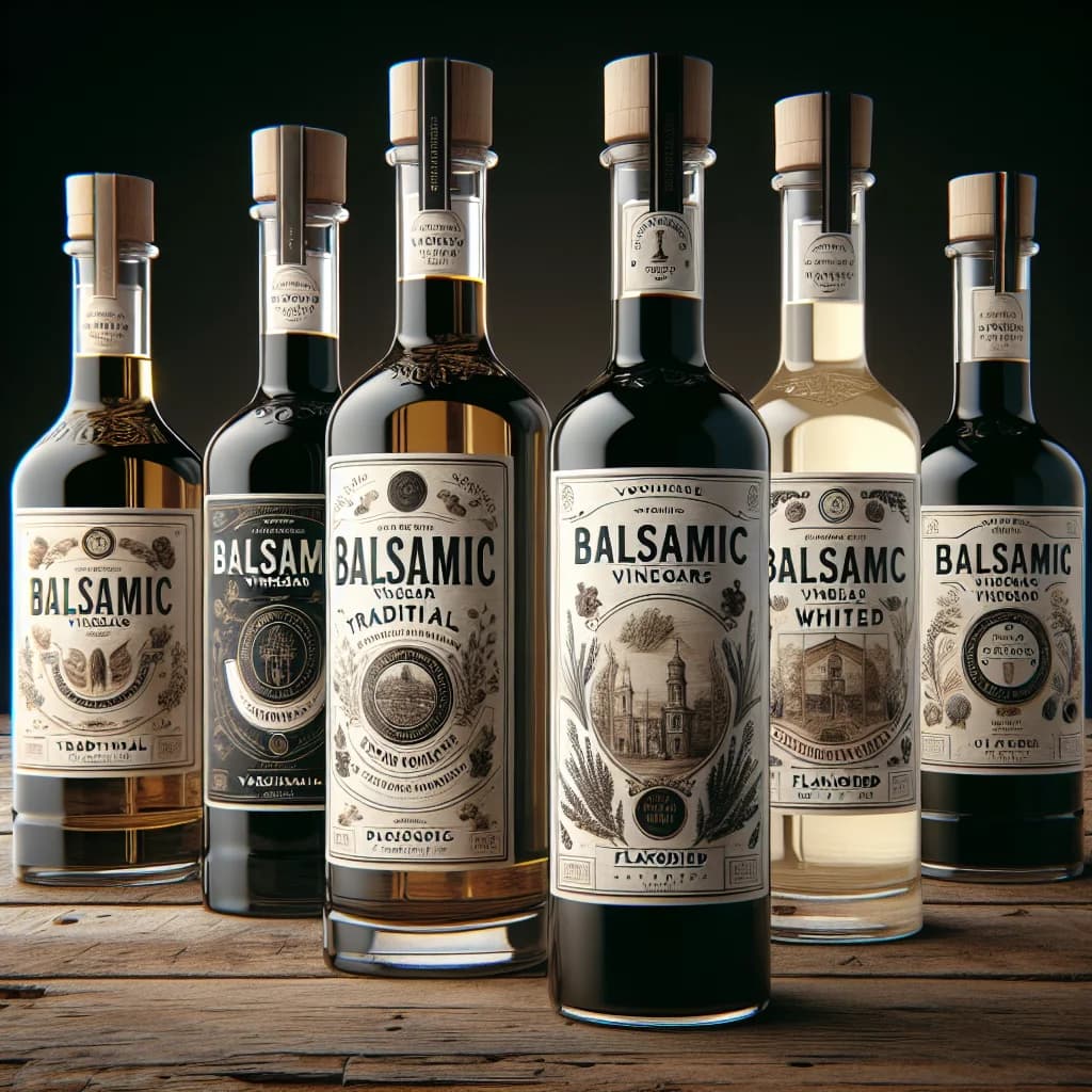 Assorted balsamic vinegars in elegant bottles on rustic wooden background