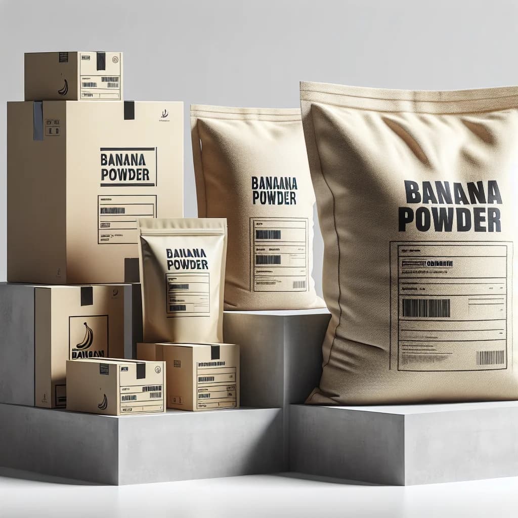 banana powder packaging in bulk and private label options on a clean background