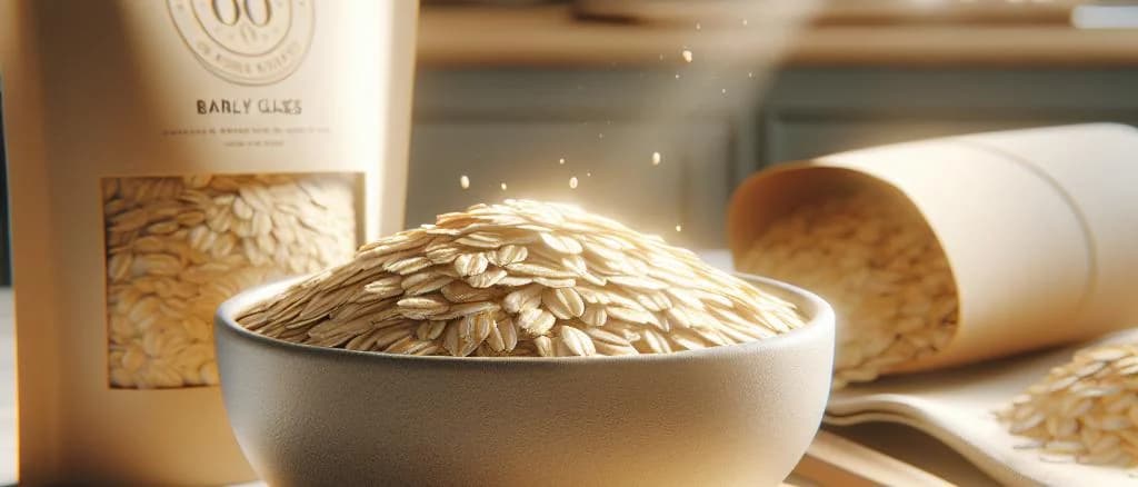 various barley flakes packaging with rustic background