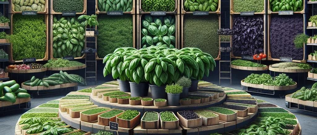 Various basil leaves with different shapes and colors on a wooden surface