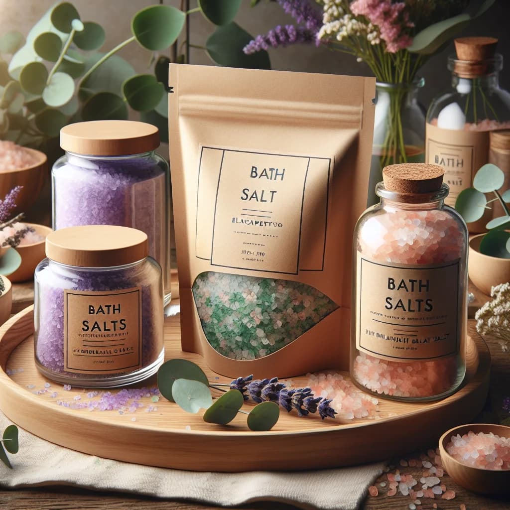 colorful bath salt packaging in various sizes and scents against a spa-themed background