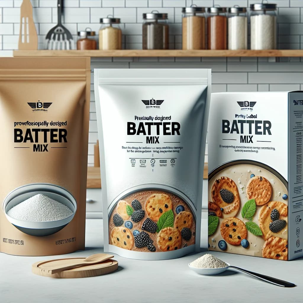 assorted batter mix packaging in multiple variations on a clean kitchen countertop
