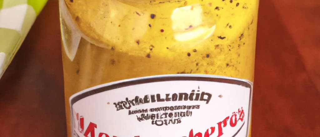 Variety of Bavarian mustards in glass jars and squeeze bottles on a wooden table background