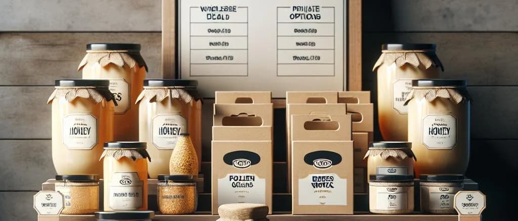 Diverse bee products including honey jars, bee pollen pouches, and royal jelly containers displayed against a backdrop of honeycombs and flowers