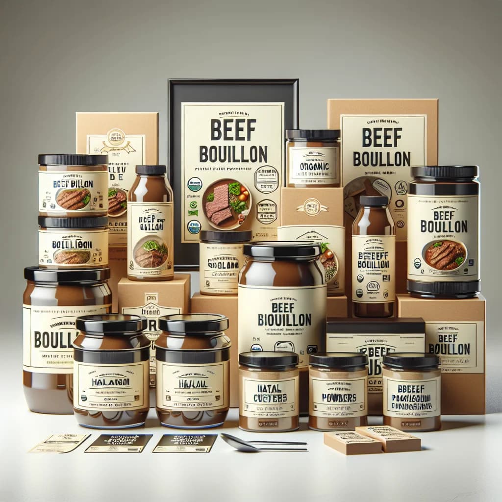 various types of beef bouillon packaging with professional backdrop