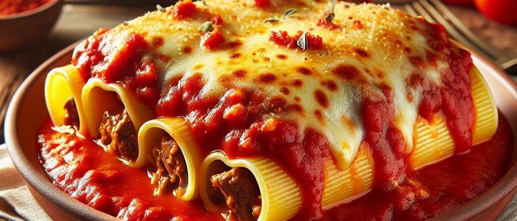 Beef Cannelloni variations with packaging on a rustic kitchen background