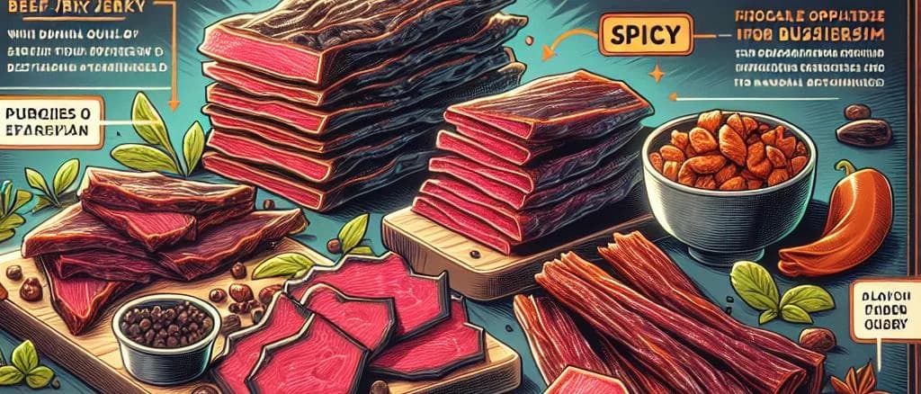 variety of high-quality beef jerky packages on wooden table